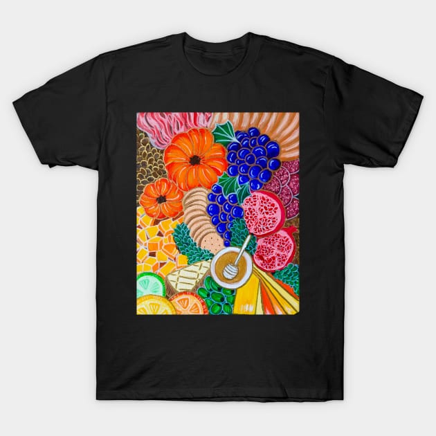 Charcuterie Board with Pumpkins Grapes Olives Cheese Meats and Crackers T-Shirt by Amazink Creations
